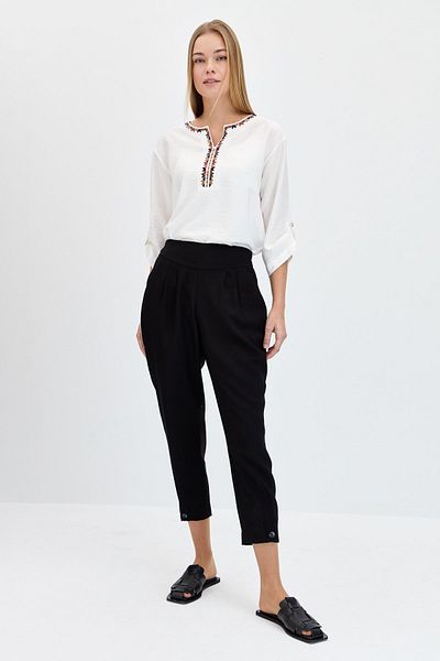 Desen Triko Wide Belted Buttoned Linen Black Trousers