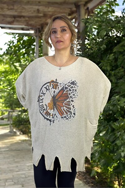 yagmurberen Hour Patterned Boat Neck Bat Sleeve Large Size Mercerized Bluz Sweater