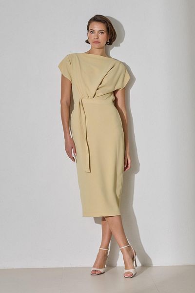 Setre Butter Yellow Midi Dress with Tie-Up Detail at the Waist and Loose Collar Detail