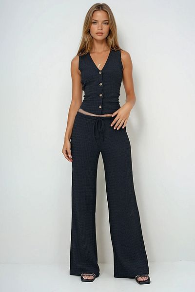 VAGGON Women's Black V-Neck Buttoned Vest and Pants Set Prmx13583