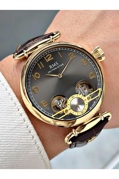 Romanson Semi-Automatic Mechanism Brown-Gold Color Leather Cord Steel Case Men's Wristwatch 1267Ka