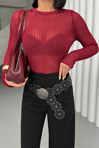 Bipantolon Women's Burgundy Crew Neck Stripe Detailed Premium Transparent Blouse