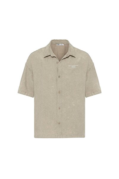 VAMOSCLO Πλενόμενο oversized κοντομάνικο με τύπωμα πουκάμισο χακί