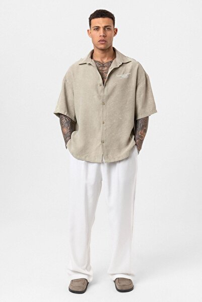 VAMOSCLO Πλενόμενο oversized κοντομάνικο με τύπωμα πουκάμισο χακί