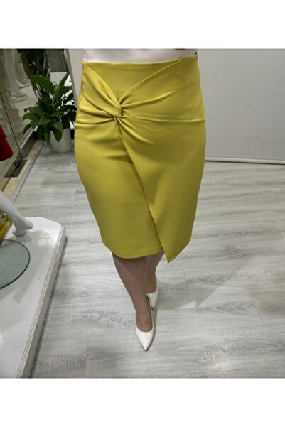 MODA Limonküfü Yeşil düğüm detaylı şık diz üstü premium kalite etek