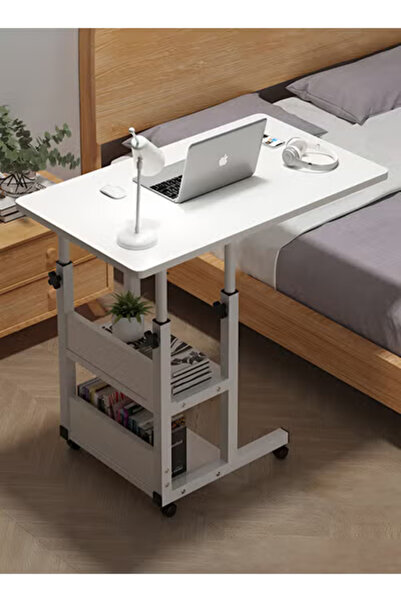 Taimi Side Table Height Adjustable with Swivel Wheels , C-Shaped Side Table For Sofa,80x40cm - White