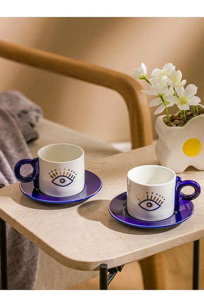 LC Waikiki Lcw Home Blue Eye Printed 2-Person Porcelain Coffee Cup Set 90 ml