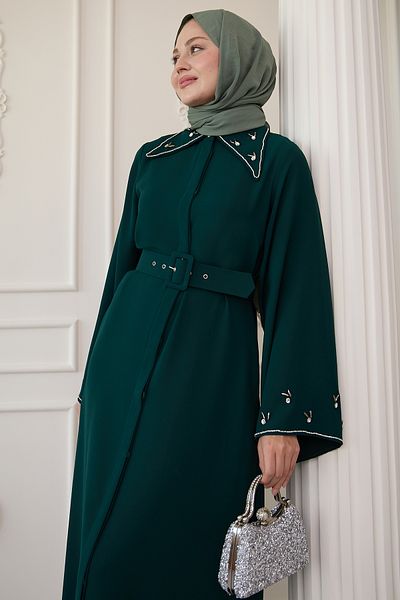InStyle Abaya verde petrol cu ​​guler triunghiular