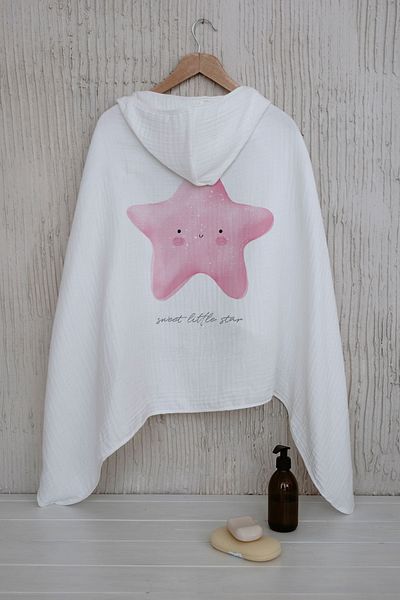 Tuğba Kuğu 4 Layers Muslin Hooded Towel - Pure Baby Series - Fluffy Pink Star