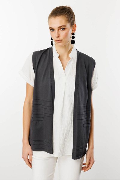 Desen Triko Gray Women's Summer Knitwear Vest with Pockets