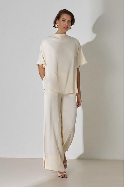 Setre Cream Neck and Sleeve Detailed Blouse Relaxed Cut Trousers Suit