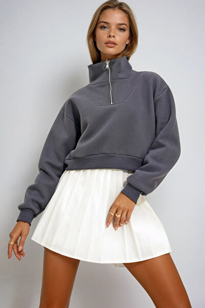 VAGGON Women's Anthracite Stand Collar Zippered Sweatshirt Prm1186