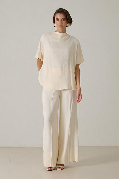 Setre Cream Neck and Sleeve Detailed Blouse Relaxed Cut Trousers Suit