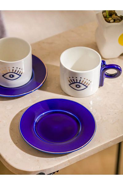LC Waikiki Lcw Home Blue Eye Printed 2-Person Porcelain Coffee Cup Set 90 ml