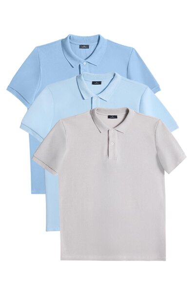 Tudors Erkek 3'lü Paket Koyu Mavi-Mavi-Gri Slim Fit Dar Kesim Pamuklu Düz Pik...