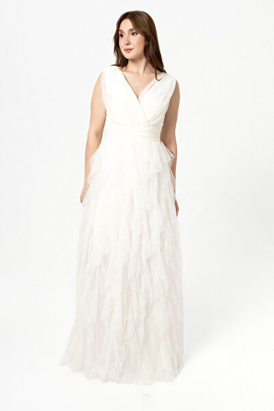 Abiye Sarayı Beyaz Bel Detaylı Tül Abiye