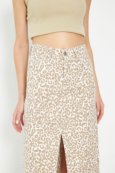 comstar Fusta de denim bej cu model leopard cu talie înaltă pentru femei