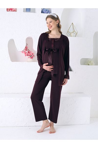 JENİKA Maternity Long Sleeve Dress, Openable Buttoned Collar, Lace Detailed 3-Piece Maternity Pajama Set