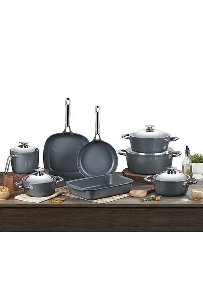 SAFLON Ceramic Cookware Set, Consisting Of 13 Pieces. Dark Grey