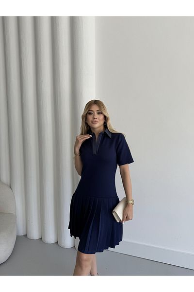 QİMYA BUTİK Buketli̇ Women's Polo Neck Skirt Pleated Knitted Mini Dress