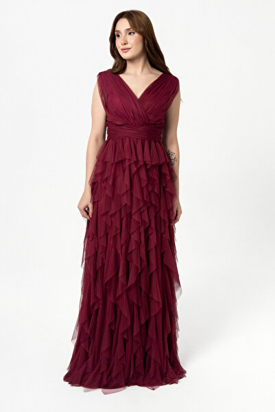 Abiye Sarayı Bordo Bel Detaylı Tül Abiye