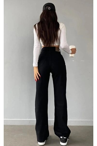 LİMABEL Black Super High Waist Lycra Loose Palazzo Jean Trousers
