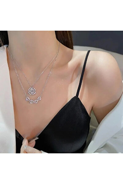 Tamsenlik Zirkon Taşlı Kalpli/yonca Mıknatıslı Kararmaz Çelik Kolye-silver