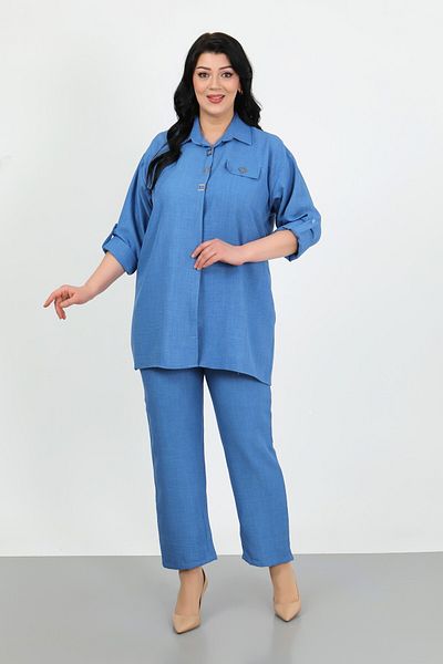 By Alba Collection İndigo Soft Kerten Pants and Shirts Large Size Set of Two