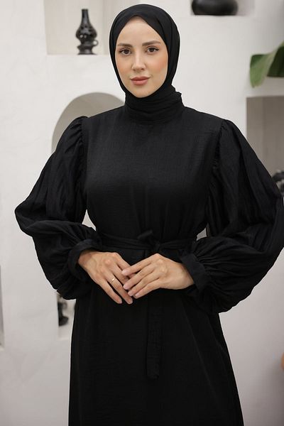 giyze Μαύρο φόρεμα με μανίκια με πλισέ λεπτομέρεια 3986