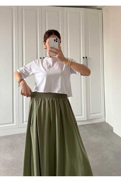 Gülmude Hijab Skirt Long Double Pocket Cotton Fabric Elastic Waist No Show Skirt Unlined (90 cm)