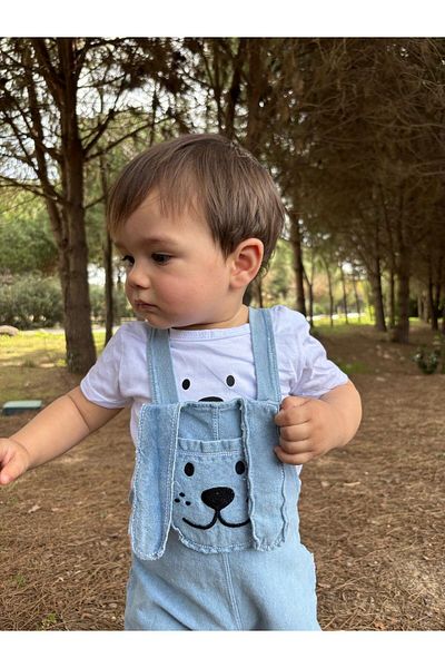Minizade Long Ear Puppy Pocket Jeans Summer 2-Piece Salopet Set
