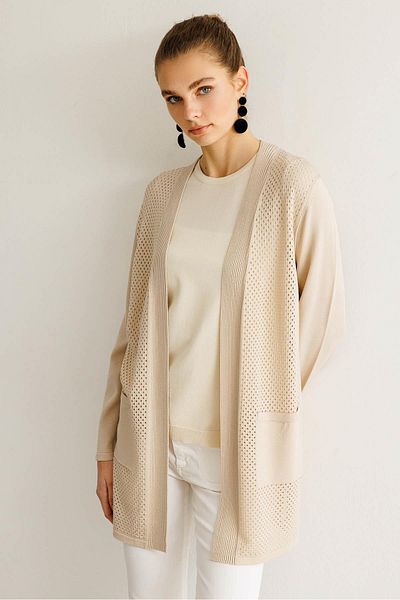 Desen Triko Perforated Araboy Knitwear - Cardigan Beige