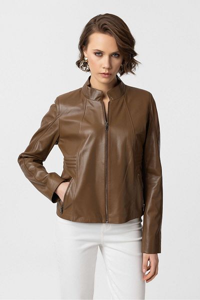 Deriderim Brown Lotus Zippered Lined Short Slim-Fit Women's Genuine Leather Coat with Stitching on the Shoulder and Sleeves