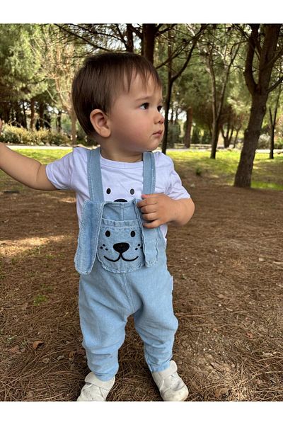 Minizade Long Ear Puppy Pocket Jeans Summer 2-Piece Salopet Set