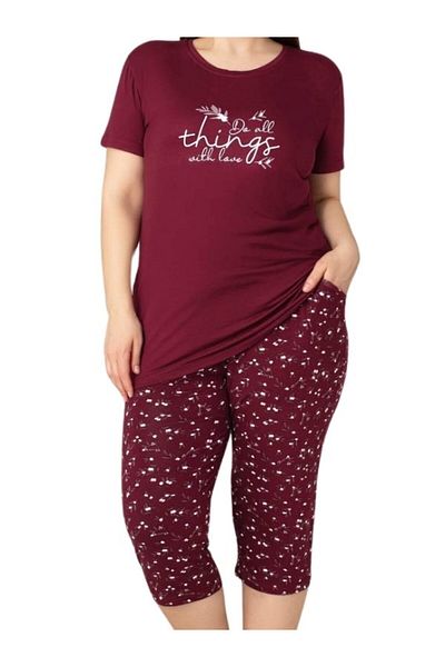 GUAVA+ Women's Crew Neck Buttonless Oversize Cut Viscose Short Sleeve Capri Pocket Plus Size Pajama Set