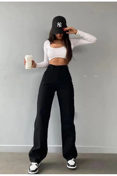 LİMABEL Black Super High Waist Lycra Loose Palazzo Jean Trousers