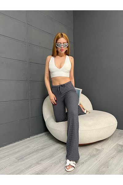 LE CARAMBOLE Women's Anthracite Textured Knitted Fabric Trousers