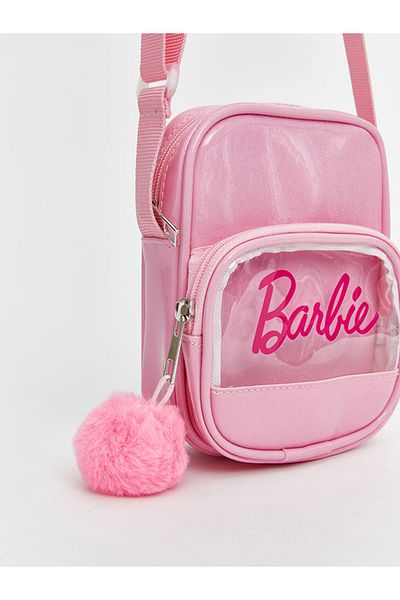 LC Waikiki Pink Barbie Patterned Girl's Crossbody Bag with Transparent Pocket and Pompom Detail