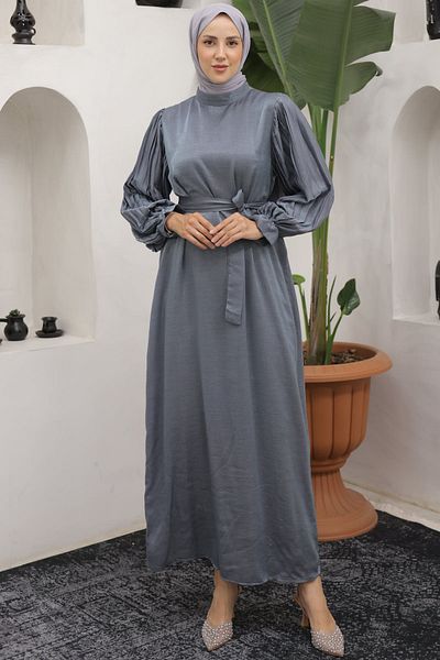 giyze Μανίκια με πλισέ λεπτομέρεια Hijab Φόρεμα Γκρι 3986