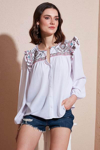 Lela Cămașă din pânză Sile cu mâneci cu modele etnice Cămașă 611BZ0042