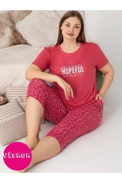 GUAVA+ Women's Crew Neck Buttonless Oversize Cut Viscose Short Sleeve Capri Pocket Plus Size Pajama Set