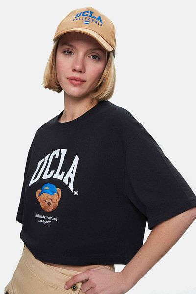 UCLA Carly Black Crew Neck Crop Printed Loose Fit Women's Tshirt