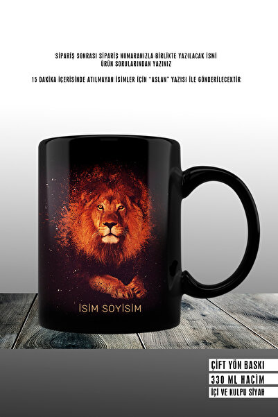yhfoto İsimli Aslan Tasarımlı - Siyah Kupa- Sarı Kırmızı Aslan - 330 ml Kupa ...