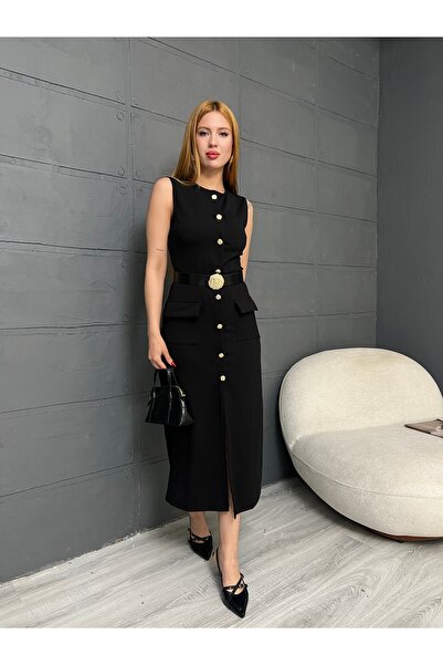 badibadii Siyah Krep Kumaş Gold Düğme Detaylı Kemerli Yırtmaçlı Midi Kadın Elbise