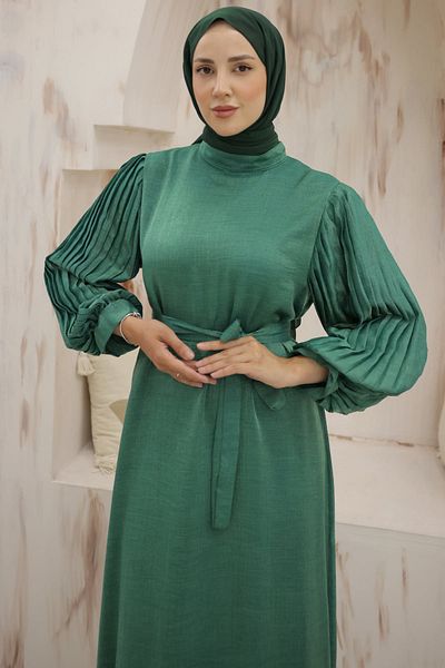 giyze Μανίκια Πλισέ Λεπτομερές Φόρεμα Hijab Emerald Green 3986