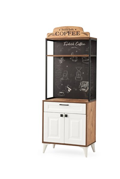 Evistro Kahve Köşesi Çekmeceli Çok Amaçlı Mutfak Dolabı Ceviz - Beyaz-KURULU GÖNDERİLİR