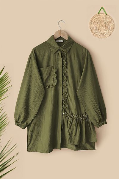 MODAQU Ruffle Tunic - Khaki with Stone Detail on the Front