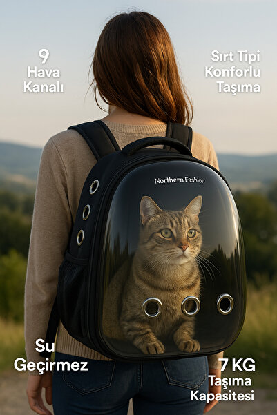 northern fashion Kedi Taşıma Çantası Siyah El Ve Sırt Çantası 9hava Kanalı Ke...