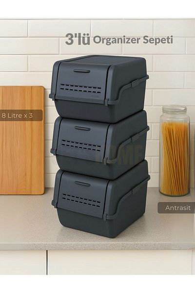 Jet's Home Set of 3 Organizer Food Box Bpa Free Storage Box Onion Crisper Basket Anthracite 8 Lt X 3
