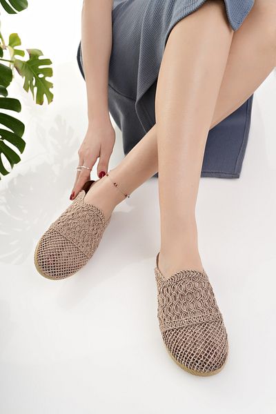 Modafırsat Women's Straw Stain Pre-Tan, Closed Knit, Lace Knitwear, Embroidery and Stylish Summer Slippers